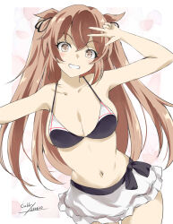 1girl artist_name bikini bikini_skirt black_bikini breasts brown_eyes brown_hair cowboy_shot dated gakky grin hair_flaps highres kantai_collection large_breasts long_hair looking_at_viewer murasame_(kancolle) murasame_(swimsuit)_(kancolle) murasame_kai_ni_(kancolle) navel one-hour_drawing_challenge sailor_bikini sailor_collar skirt smile solo swimsuit v white_skirt