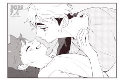 2boys blush border closed_eyes closed_mouth crew_neck dated greyscale grin haikyuu!! hand_on_another&#039;s_chest highres hinata_shouyou looking_at_another male_focus miya_atsumu monochrome multicolored_hair multiple_boys parted_bangs profile shirt short_hair sideburns smile spiked_hair sweat t-shirt teeth thick_eyebrows two-tone_hair yaoi yukinaaiyu
