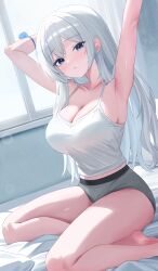 Rule 34 | 1girl, absurdres, arm behind head, armband, armpits, arms up, bare shoulders, bed, bed sheet, blue armband, blue eyes, breasts, cleavage, closed mouth, collarbone, commentary request, commission, curtains, dutch angle, feet out of frame, grey shorts, hair between eyes, harin (byeolbich), highres, indoors, korean commentary, large breasts, lens flare, light particles, long hair, looking at viewer, on bed, original, pillow, second-party source, sei (0724sei6), shirt, short shorts, shorts, sidelocks, sitting, solo, very long hair, waking up, white hair, white shirt, window, yokozuwari