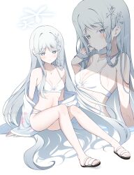1girl bare_legs bare_shoulders bikini blue_archive blush braid breasts cleavage collarbone colored_eyelashes commentary_request floral_print floral_print_kimono full_body grey_eyes hair_ornament halo hand_up haori highres japanese_clothes jewelry kimono komi_zumiko long_hair looking_at_viewer multiple_views nagusa_(blue_archive) nagusa_(swimsuit)_(blue_archive) navel necklace off_shoulder official_alternate_costume partially_submerged print_kimono sandals sidelocks single_braid single_strap sitting small_breasts smile snowflake_hair_ornament snowflake_necklace solo stomach swimsuit thick_eyelashes upper_body very_long_hair watermark wet white_background white_bikini white_eyelashes white_hair white_halo white_haori