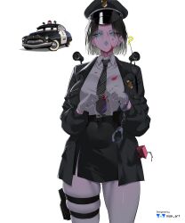 1girl absurdres artist_name belt black_hair black_jacket blood blood_on_clothes blood_on_face blood_on_hands breasts buckle cars_(movie) cuffs drinking_straw genderswap genderswap_(mtf) gloves grey_lips handcuffs hat highres holster jacket juice_box large_breasts lipstick makeup necktie nisp_art pantyhose personification photo_inset police police_badge police_hat police_uniform policewoman puckered_lips reference_inset shirt short_hair skindentation snap-fit_buckle solo striped_necktie thigh_holster vehicle_and_personification white_gloves white_pantyhose white_shirt
