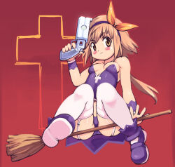 1girl broom brown_hair closed_mouth female_focus full_body gun marron_queen original short_hair solo tagme weapon yu_3