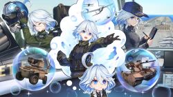 1girl absurdres ahoge aircraft aircraft_carrier airplane alternate_universe baek_hyang blue_eyes blue_hair chibi chibi_inset commentary dassault_rafale english_commentary fighter_jet flight_suit furina_(genshin_impact) g-suit genshin_impact hat helmet highres hoyofair imagining military_uniform military_vehicle multiple_views no_tables pilot_helmet removing_helmet ship short_hair unmanned_aerial_vehicle warship watercraft