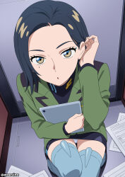 1girl :o absurdres adjusting_hair artist_name black_dress black_hair boots commentary_request comoli_harcourt dress dutch_angle forehead green_jacket gundam gundam_gquuuuuux highres holding holding_tablet_pc jacket long_sleeves looking_at_viewer military_jacket moeshino mole mole_under_eye panties pantyshot short_dress tablet_pc thigh_boots twitter_username underwear white_panties