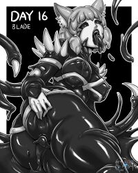 1girl alternate_color alternate_costume alternate_eye_color animal_ears ass black_lips black_tongue breasts cat_ears cat_girl cleavage commentary corruption crossover english_commentary english_text fangs fusion greyscale happy highres large_breasts lips lipstick looking_at_viewer looking_back lying makeup marvel monochrome monolith_soft nia_(xenoblade) nipples on_side parasite parted_lips possessed possession saliva short_hair slime_(substance) smile spacen&#039;cakes spider-man_(series) symbiote tendril tongue tongue_out venom_(marvel) xeno_(series) xenoblade_chronicles_(series) xenoblade_chronicles_2