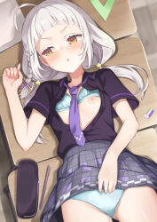 1girl ahoge arou_(arrow_x666) black_shirt blue_bra blue_panties blush bra bra_lift braid collared_shirt desk eraser fingernails flat_chest grey_hair hair_ornament highres hololive lifting_own_clothes long_hair looking_to_the_side low_twintails lying miniskirt murasaki_shion murasaki_shion_(school_uniform) necktie nipples on_back on_desk open_clothes open_mouth open_shirt panties pen pencil_case plaid_clothes plaid_skirt pleated_skirt purple_necktie purple_skirt ruler shirt short_bangs sidelocks single_braid sitting skirt smile smug solo star_(symbol) star_hair_ornament twintails underwear v-shaped_eyebrows virtual_youtuber yellow_eyes