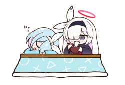 2girls achilles_(yosshyachillesd) arona_(blue_archive) black_eyes black_hairband blue_archive blue_hair blush bowl chopsticks colored_inner_hair eating food hairband halo holding holding_bowl holding_chopsticks kotatsu long_hair long_sleeves mochi multicolored_hair multiple_girls open_mouth pink_hair plana_(blue_archive) red_halo short_hair simple_background sleeping smile table white_background white_hair