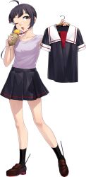 Rule 34 | 1girl, ahoge, black hair, black shirt, black skirt, black socks, brown shoes, clothes hanger, cosplay, cut bangs, food, fujikawa, fujinami (kancolle), full body, hair ribbon, holding, holding unworn clothes, kantai collection, loafers, long hair, looking at viewer, neckerchief, official art, one eye closed, pleated skirt, purple shirt, red neckerchief, ribbon, sailor collar, sailor shirt, shiratsuyu (kancolle), shiratsuyu (kancolle) (cosplay), shirt, shoes, side ponytail, simple background, skirt, smile, socks, solo, standing, sweet potato, transparent background, undershirt, undone neckerchief, unworn shirt, white ribbon, white sailor collar, yellow eyes