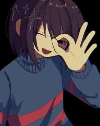 Rule 34 | black background, black eyes, blue sweater, brown hair, double horizontal stripe, frisk (undertale), highres, kawar1117552, one eye closed, open mouth, other focus, short hair, smile, sweater, undertale, upper body