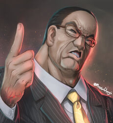 Rule 34 | 1boy, adam&#039;s apple, angry, artist name, biting own lip, black hair, black jacket, collared shirt, donald trump, glasses, index finger raised, jacket, male focus, metal gear (series), metal gear rising: revengeance, muscular, muscular male, myuutau tadakichi, necktie, old, old man, receding hairline, shirt, short hair, solo, steven armstrong, suit jacket, teeth, veins, very short hair, white shirt, yellow necktie