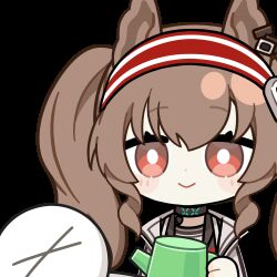 1girl 1other :&gt; angelina_(arknights) animal_ears animated animated_gif arknights black_choker blinking blush bright_pupils brown_hair chinese_commentary choker coat commentary_request dot_nose earpiece fox_ears hair_between_eyes hairband holding holding_watering_can infection_monitor_(arknights) jacket long_hair lowres material_growth open_clothes open_coat open_jacket oripathy_lesion_(arknights) red_eyes red_hairband red_jacket skland_1530589596514 striped_clothes striped_hairband transparent_background twintails two-tone_hairband upper_body watering watering_can white_coat white_pupils