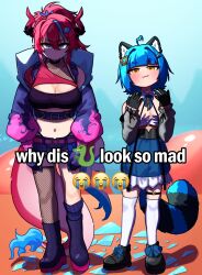 2girls :3 absurdres ahoge animal_ears belt black_gloves black_shoes blue_fire blue_hair blue_sky blunt_bangs blush boots breasts broken_glass cleavage colored_shoe_soles commentary crying_emoji dragon dragon_girl dragon_horns dragon_tail emoji english_commentary english_text eyelashes fire fishnets flame-tipped_tail full_body glass gloves hair_ornament hairclip hands_up heart heart_ahoge height_difference highres horns idol_corp jacket kai_saikota kneehighs large_breasts meme midriff multiple_girls navel open_clothes open_jacket poko_rakun raccoon_ears raccoon_girl raccoon_tail red_hair ryoshi shaded_face shoes short_hair short_shorts shorts sidelocks sky socks standing tail virtual_youtuber white_socks why_dis_ninja_look_so_mad_(meme) yellow_eyes