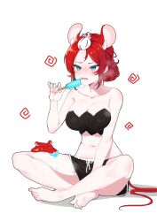 1girl absurdres alternate_costume alternate_hairstyle animal_ear_fluff animal_ears bangs_pinned_back bare_arms bare_shoulders barefoot black_hair black_shorts black_tube_top blue_eyes breasts bun_with_braided_base cafelittle cleavage colored_tips commentary eating extra_ears fang food full_body hair_bun hakos_baelz highres holding holding_food holding_popsicle hololive hololive_english indian_style large_breasts mouse_ears mouse_girl mouse_tail mr._squeaks_(hakos_baelz) multicolored_hair navel open_mouth popsicle red_hair short_shorts shorts simple_background single_hair_bun sitting soles solo stomach strapless streaked_hair sweat tail toes tube_top virtual_youtuber white_background white_hair