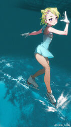 1girl blonde_hair blue_dress double_bun dress figure_skating_dress gloves hair_bun hair_ornament hairclip highres ice_skates ice_skating inseki11 kurosawa_miihi medalist_(manga) purple_eyes skates skating solo swept_bangs watermark weibo_username weibo_watermark white_gloves