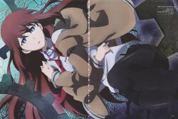 1girl absurdres black_pantyhose black_shorts breasts collared_shirt crossed_arms gears highres jacket kimiya_ryousuke long_hair looking_at_viewer loose_necktie makise_kurisu necktie non-web_source official_art open_mouth pantyhose pantyhose_under_shorts red_necktie scan science_adventure shirt short_shorts shorts solo steins;gate steins;gate:_fuka_ryouiki_no_dejavu