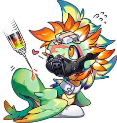 amphiptere dragon dragon_village_(series) dragon_village_collection feathered_wings game_cg gauze green_wings looking_to_the_side lowres mask no_humans official_art one_eye_closed orange_eyes respirator scar scar_on_face syringe third-party_source transparent_background wings zael_delta zael_delta_(restricted)