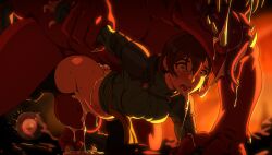 1boy 1girl armor armored_boots backlighting black_thighhighs boots bottomless brown_hair claws colored_skin constricted_pupils crying crying_with_eyes_open cum cum_in_ass cum_in_pussy cum_overflow drooling fertilization freckles grabbing_another&#039;s_arm green_eyes green_sweater hetero highres huge_testicles interspecies monster open_mouth original ovum rape red_skin sex sex_from_behind shirami short_hair shoulder_armor sperm_cell stomach_bulge sweater tears testicles thighhighs tongue tongue_out turtleneck turtleneck_sweater wide-eyed