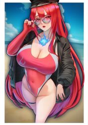 1girl absurdres adjusting_eyewear black_hat black_jacket black_thighlet blue_fire blue_hair blue_sky breasts cleavage colored_inner_hair commentary covered_navel day elbow_gloves elizabeth_rose_bloodflame elizabeth_rose_bloodflame_(holonatsu_paradise) english_commentary fire fire_on_chest gloves hair_between_eyes hat highleg highleg_one-piece_swimsuit highres hololive hololive_english holonatsu_paradise jacket large_breasts lazik_1337 long_hair looking_at_viewer multicolored_hair nail_polish official_alternate_costume one-piece_swimsuit open_mouth outdoors police_hat red_eyes red_gloves red_hair red_nails red_one-piece_swimsuit sky solo sunglasses swimsuit very_long_hair virtual_youtuber