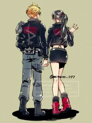 1boy 1girl anti-ai_watermark armor bare_legs belt black_hair black_jacket black_skirt black_socks blonde_hair blue_pants blush boots closed_mouth cloud_strife cloud_strife_(rider_style) commentary_request couple denim earrings final_fantasy final_fantasy_vii final_fantasy_vii_ever_crisis from_behind full_body holding_hands interlocked_fingers jacket jeans jewelry leather leather_jacket long_hair long_sleeves looking_at_another matching_outfits minato_(ct_777) miniskirt nail_polish official_alternate_costume pants pencil_skirt ponytail red_boots red_nails ribbed_socks shoulder_armor simple_background single_earring skirt socks spiked_hair suspender_skirt suspenders thigh_strap tifa_lockhart torn_clothes torn_pants twitter_username watermark
