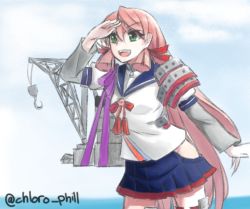 10s 1girl akashi_(kancolle) crane_(machine) female_focus green_eyes hair_ribbon hip_vent hook kantai_collection long_hair looking_afar open_mouth pink_hair ribbon school_uniform serafuku skirt smile solo thighhighs tress_ribbon twintails very_long_hair yoryokuso youryokuso_(chlorophyll)
