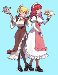Rule 34 | 2girls, alternate costume, apron, blonde hair, cake, citrinne (fire emblem), commentary, duster, english commentary, feather duster, fire emblem, fire emblem: new mystery of the emblem, fire emblem engage, food, highres, holding, holding tray, lena (fire emblem), linkaruu, maid apron, maid headdress, multiple girls, nintendo, red eyes, red hair, teapot, tray