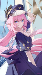 1girl absurdres ai_dongdong alternate_costume blue_dress blue_eyes blue_hat blue_sky breasts chinese_commentary commentary_request dress elf elysia_(honkai_impact) from_side gloves hat highres honkai_(series) honkai_impact_3rd looking_at_viewer military_uniform naval_uniform ocean pink_hair pointy_ears sky solo white_gloves