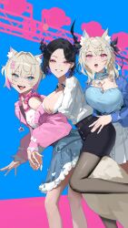 3girls absurdres animal_ears asymmetrical_horns black_hair black_pantyhose blonde_hair blue_background blue_camisole blue_eyes blue_hair breasts camisole carrying cleavage commentary demon_horns dog_ears dog_girl dog_tail earrings fuwawa_abyssgard fuwawa_abyssgard_(casual) highres hololive hololive_english horns jewelry large_breasts mococo_abyssgard mococo_abyssgard_(casual) mole mole_under_eye multicolored_hair multiple_girls nerissa_ravencroft nerissa_ravencroft_(casual) official_alternate_costume pantyhose piggyback pink_eyes pink_hair purple_eyes revision shirt siblings simple_background sisters small_breasts smile streaked_hair tail thekaiyip twins two_side_up uneven_horns virtual_youtuber white_shirt