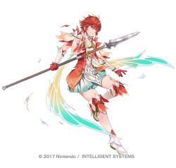 1girl choker clenched_teeth copyright_notice damaged detached_sleeves dress fairy_wings fire_emblem fire_emblem_fates fire_emblem_heroes full_body garter_straps hinoka_(fire_emblem) hinoka_(resplendent)_(fire_emblem) microdress nintendo non- official_alternate_costume official_art red_eyes red_hair short_hair solo teeth thighhighs torn_clothes torn_wings white_background white_choker wings yuko_(uc_yuk) zettai_ryouiki