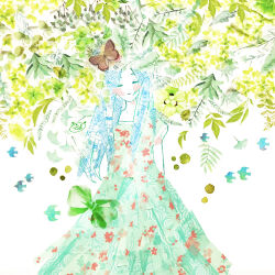 Rule 34 | 1girl, abstract, arms behind back, bird, blue hair, blush, bow, bug, butterfly, cathinthecloud, closed eyes, closed mouth, commentary, dot nose, dress, english commentary, facing viewer, feet out of frame, foliage, green bow, green dress, green theme, insect, leaf, light frown, long dress, long hair, long sidelocks, masking tape (medium), mixed media, original, parted bangs, plant, short sleeves, sidelocks, signature, solo, straight-on, traditional media, unconventional media