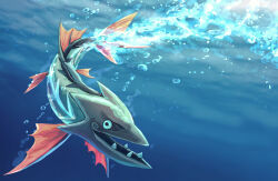 animal_focus barraskewda bubble commentary_request fish full_body fusenryo gen_8_pokemon highres nintendo no_humans open_mouth pokemon pokemon_(creature) pokemon_focus sharp_teeth smile solo swimming teeth underwater water