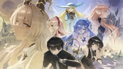 1boy 6+girls abby_(wuthering_waves) absurdres artist_name bare_shoulders black_dress black_gloves black_hair black_horns black_jacket black_necktie blonde_hair breasts cantarella_(wuthering_waves) carlotta_(wuthering_waves) closed_mouth collared_shirt commentary curled_horns dress dual_persona earrings english_commentary female_rover_(wuthering_waves) fleurdelys_(wuthering_waves) floating_earrings gloves hairband hat highres horns jacket jewelry large_breasts long_hair looking_at_viewer male_rover_(wuthering_waves) multiple_girls necktie phoebe_(wuthering_waves) pink_hairband pointy_ears rakizuuu rover_(wuthering_waves) shirt sleeveless sleeveless_dress torn_clothes torn_shirt very_long_hair white_hat white_shirt wuthering_waves yellow_eyes zani_(wuthering_waves)