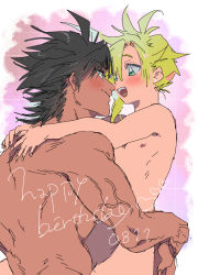 Rule 34 | 2boys, arms around neck, arms around waist, black hair, blonde hair, blush, cloud strife, earrings, english text, final fantasy, final fantasy vii, happy, happy birthday, heart, highres, hug, jewelry, male focus, multiple boys, nude, open mouth, short hair, single earring, smile, spiked hair, tan, veins, yaoi, zack fair, zc furuya