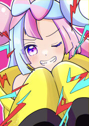 Rule 34 | 1girl, ;d, artist name, blue hair, bow-shaped hair, fuyukusa 1, highres, iono (pokemon), jacket, looking at viewer, multicolored hair, nintendo, one eye closed, open mouth, outline, pink background, pink eyes, pink hair, pokemon, pokemon sv, sharp teeth, sleeves past fingers, sleeves past wrists, smile, solo, teeth, two-tone hair, upper body, white outline, yellow jacket