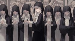 6+girls absurdres black_hoodie blonde_hair closed_mouth grey_eyes hidden_eyes hidden_face highres hood hoodie long_hair looking_at_viewer looking_down multiple_girls nun one_eye_closed one_eye_covered original ryu_(denkiryu) traditional_nun