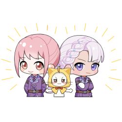 2girls :3 ahoge animal arm_belt arms_behind_back artist_request asymmetrical_bangs belt belt_buckle blue_necktie blunt_bangs blush_stickers bow bownie bowtie braid brown_belt buckle cat chibi cloak closed_mouth clothed_animal coat collared_coat collared_shirt cropped_torso crossed_arms ear_covers gloves guard&#039;s_resolve_(infinity_nikki) hair_tie happy highres hiya_(infinity_nikki) hood hood_up hooded_cloak infinity_nikki lapels looking_at_viewer momo_(nikki) multiple_belts multiple_girls necktie nikki_(nikki) nikki_(series) notched_lapels notice_lines official_art outstretched_arms pale_skin pink_hair purple_coat purple_eyes red_bow red_bowtie red_necktie shirt short_hair single_braid smile striped_necktie tareme traditional_bowtie transparent_background tsurime two-tone_necktie updo v-shaped_eyebrows whiskers white_cat white_gloves white_hair white_shirt yellow_cloak