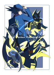 1boy absurdres arm_up blue_hat blue_jacket border cccacademia character_name closed_mouth gen_2_pokemon gen_3_pokemon gen_4_pokemon grey_background hat heracross highres jacket long_sleeves lucario male_focus mega_heracross mega_pokemon metagross mixed-language_commentary nintendo pokemon pokemon_(creature) pokemon_dppt rampardos riley_(pokemon) salamence short_hair signature smile spiked_hair white_border