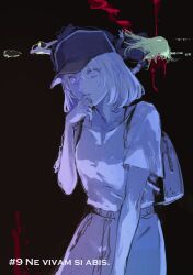 2girls backpack bag bang_dream! bang_dream!_it&#039;s_mygo!!!!! baseball_cap black_background black_hat blonde_hair blood breasts commentary constricted_pupils cowboy_shot crazy_eyes hair_between_eyes hand_to_own_mouth hand_up hat highres imagining looking_at_viewer lying medium_breasts misumi_uika mortis_(bang_dream!) mortis_(persona)_(bang_dream!) multiple_girls on_side osakana_(denpa_yun&#039;yun) parted_lips purple_eyes shirt short_hair short_sleeves skirt standing symbol-only_commentary wakaba_mutsumi white_shirt white_skirt wide-eyed