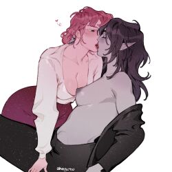 2girls adventure_time ahageao49 black_hair black_pants breasts closed_eyes commentary ear_piercing french_kiss hand_on_another&#039;s_neck heart highres jacket kiss long_hair marceline_abadeer medium_breasts multiple_girls nipples open_clothes open_jacket pants piercing pink_hair pointy_ears princess_bonnibel_bubblegum purple_skirt shirt simple_background skirt tongue tongue_out white_background white_shirt yuri