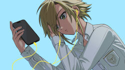 1boy blonde_hair blue_background breast_pocket cellphone collared_shirt commentary earphones encha green_eyes highres holding holding_phone long_sleeves male_focus nijisanji parted_lips phone pocket shirt simple_background smartphone solo symbol-only_commentary twitter_username upper_body uzuki_kou virtual_youtuber white_shirt