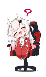 Rule 34 | 1girl, :d, ?, absurdres, barefoot, blush, chair, closed eyes, colored tips, commentary, double bun, fang, full body, gaming chair, grey hair, hair bun, hair ribbon, head tilt, highres, hololive, horns, jacket, kani bonara, long hair, long sleeves, multicolored hair, nakiri ayame, nakiri ayame (off-work), open clothes, open jacket, open mouth, pink hair, red hair, red track jacket, red track suit, ribbon, shirt, simple background, sitting, skin-covered horns, skin fang, smile, solo, streaked hair, swivel chair, symbol-only commentary, track suit, tress ribbon, virtual youtuber, white background, white shirt