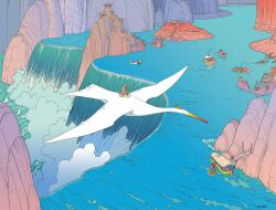 1boy architecture bird boat bridge building coat day dock fantasy flying full_body hat high_up highres landscape moebius ocean original outdoors pants riding riding_bird rock scenery seiza signature sitting sky stairs surreal tower water watercraft waterfall wide_shot