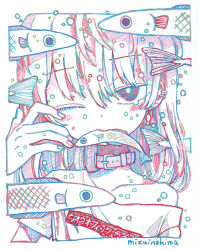 1girl absurdres air_bubble artist_name belt_collar blush border bubble collar collarbone commentary_request ear_piercing earrings fish fish_in_mouth floating_earrings hand_up head_tilt highres jewelry limited_palette looking_at_viewer medium_hair mizuinokima off_shoulder one_eye_closed original piercing print_shirt shirt short_sleeves simple_background single_bare_shoulder solo t-shirt tearing_up traditional_media upper_body x_x
