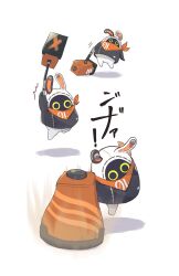 Rule 34 | 1other, bandana, bandana around neck, bangboo (zenless zone zero), commentary, eous (zenless zone zero), facing viewer, hammer, highres, no humans, ofuton tamago, orange bandana, zenless zone zero
