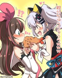 2girls blush bow brown_hair eromame food hairband kaguya_luna kizuna_ai kizuna_ai_inc. long_hair multicolored_hair multiple_girls open_mouth pink_hairband ribbon shrimp shrimp_tempura smile streaked_hair tempura the_moon_studio virtual_youtuber wrist_ribbon yuri