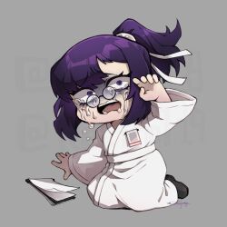 1girl crying glasses grey_background h_corp_reasearcher_(project_moon) hair_ribbon horrified id_card limbus_company open_mouth pince-nez ponytail project_moon purple_eyes purple_hair ribbon robe simple_background solo white_ribbon white_robe wide-eyed yatsumeunagi