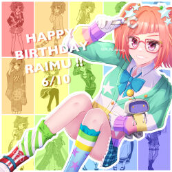 1girl blue_background blue_bow bow cardigan character_name clenched_teeth closed_mouth english_text female_focus girlfriend_(kari) glasses green_background multicolored_cardigan nejikawa_raimu non_no_urara orange_background pink_hair plaid_clothes plaid_skirt purple_background purple_eyes red_background robot school_uniform shirt sitting skirt smile solo teeth twintails white_shirt wrench yellow_background