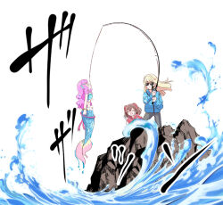3girls aqua_shirt blonde_hair blue_jacket brown_hair closed_eyes cropped_shirt delicious_party_precure fishing fishing_line fishing_rod fork grey_pants grey_shirt hair_ribbon half_updo holding holding_fork holding_knife jacket knife laura_la_mer long_hair long_sleeves medium_hair mermaid midriff mitumi_mira monster_girl multiple_girls nagomi_yui nekoyashiki_yuki ocean open_mouth pants precure purple_hair red_jacket red_ribbon ribbon shirt smile sunglasses tropical-rouge!_precure two_side_up wonderful_precure!
