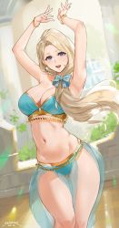1girl 2020 alternate_costume armpits arms_up artist_name bare_shoulders bikini blonde_hair blue_bikini blue_bow blue_eyes blush bow bracelet breasts cleavage collarbone dancer dated earrings female_focus fire_emblem fire_emblem:_three_houses gold_trim highres jewelry large_breasts long_hair looking_at_viewer mercedes_von_martritz nail_polish navel nintendo open_mouth parted_bangs pelvic_curtain see-through_clothes sendo_(sendrawz) side_ponytail smile solo swimsuit thighs