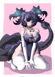1girl animal_ears big_hair black_hair black_one-piece_swimsuit blush bone_necklace breasts cerberus_(kemono_friends) cleavage collar dog_ears elbow_gloves gloves glowing glowing_hair highres kemono_friends kemono_friends_3 large_breasts lizard_tail looking_at_viewer mikerevol multicolored_hair name_tag old_school_swimsuit one-piece_swimsuit purple_hair scar scar_across_eye scar_on_face school_swimsuit solo spiked_collar spikes swimsuit tail thighhighs two_side_up wide_hips