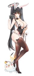 1girl absurdres ace_(playing_card) ace_of_hearts alternate_costume alternate_hairstyle ash_(cat7evy) black_bow black_bowtie black_gloves black_hair black_leotard black_thighhighs blue_archive blush bow bowtie breasts card cleavage commentary covered_navel detached_collar frilled_leotard frills full_body gloves halo hand_on_own_hip hand_up hashtag-only_commentary heart high_heels highleg highleg_leotard highres holding holding_card large_breasts leotard long_hair looking_at_viewer peroro_(blue_archive) playboy_bunny playing_card red_eyes rio_(blue_archive) signature simple_background solo standing standing_on_one_leg strapless strapless_leotard thighhighs thighs twintails very_long_hair white_background